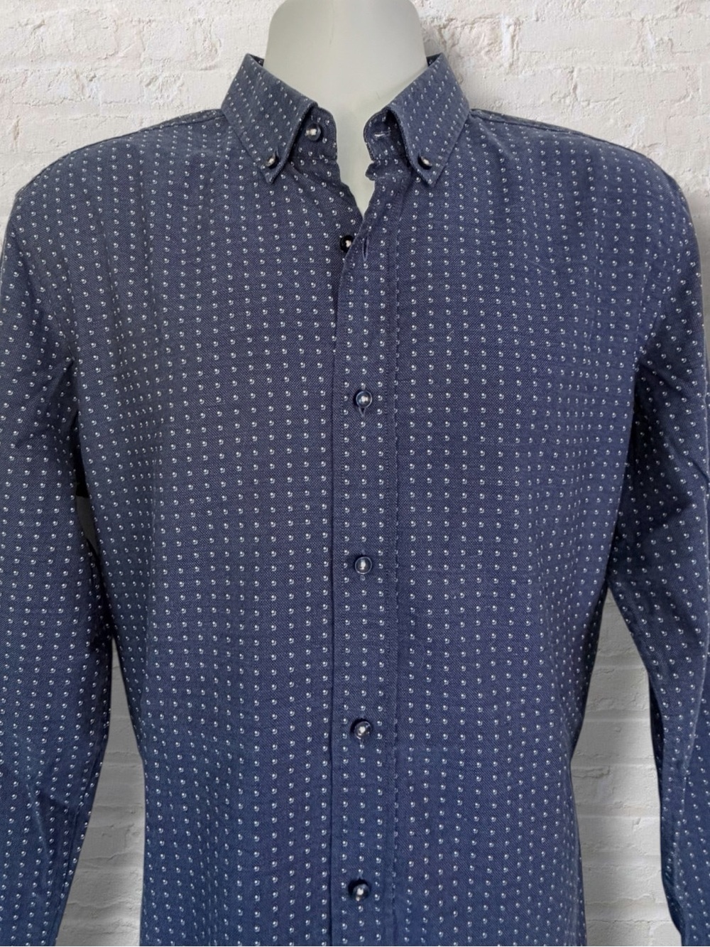 BOSS Hugo Boss Men’s L 16.5 Navy Micro Print Slim Fit Button Down Shirt